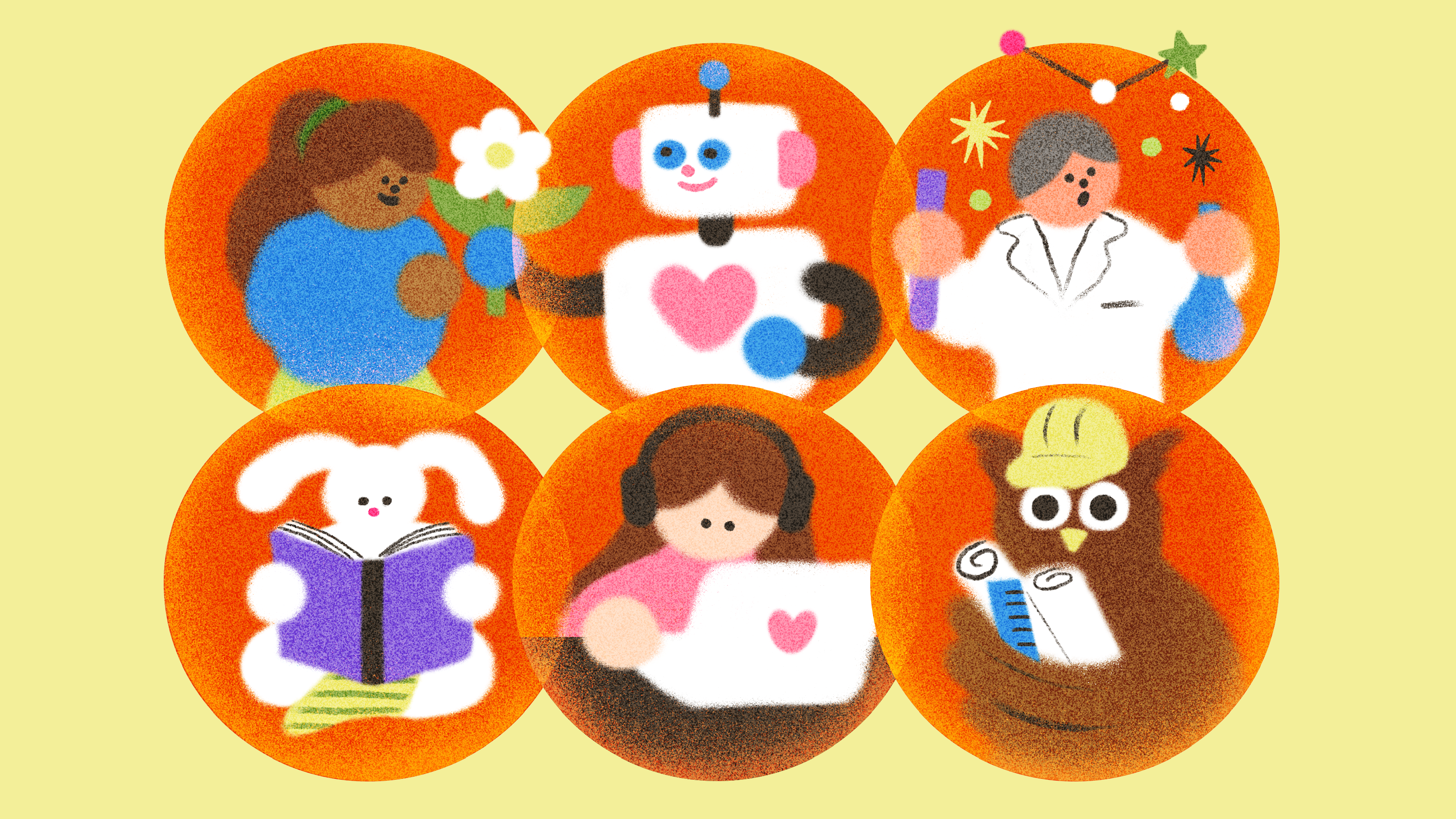 Six circular icons representing different roles or professions, displayed on an orange background. They include a gardener with a flower, a robot with a heart, a scientist with test tubes, a rabbit reading a book, a person with headphones using a laptop, and an owl with a scroll.