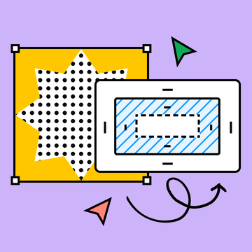A graphic representation of a selected shape and a CSS box model on a purple background.