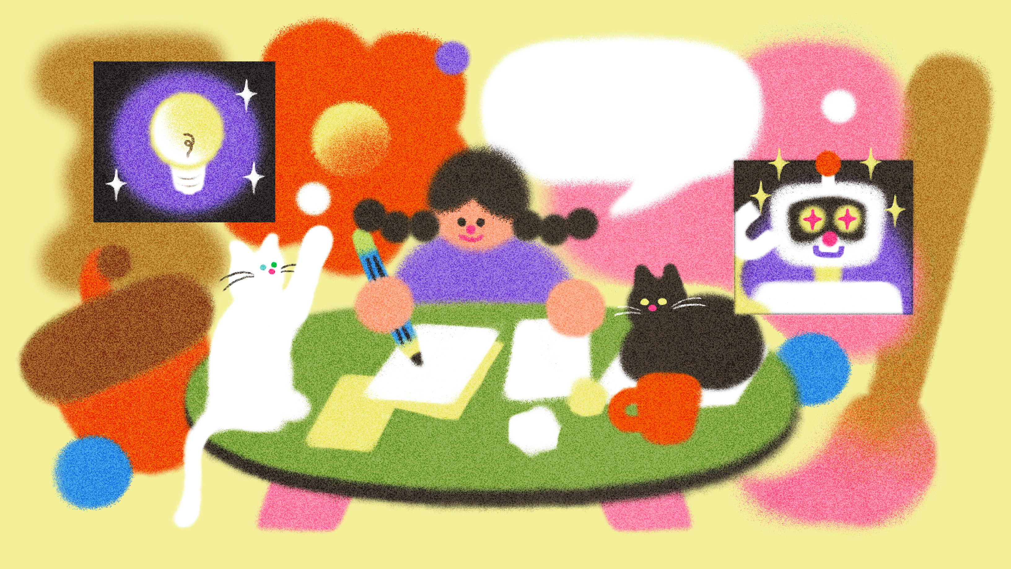 A colorful illustration of a person with pigtails sitting at a green table, holding a pencil and writing on paper, surrounded by a playful scene. A white cat with one paw raised and a black cat lying down are on the table. To the left, there’s an image of a glowing light bulb, and to the right, an illustration of a robot with sparkling eyes. The background features vibrant shapes, including orange flowers and pastel-colored circles, creating a cheerful and creative atmosphere.