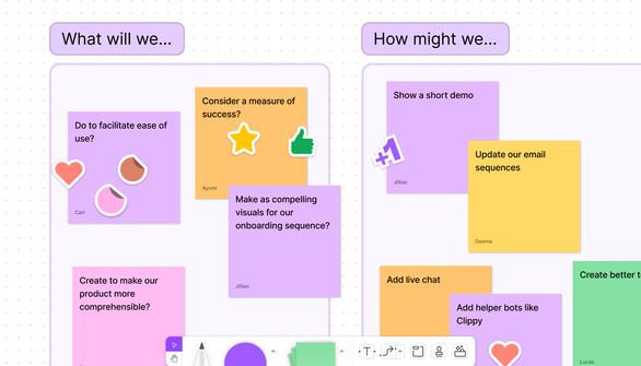 figjam board of stickies in "what will we" and "how might we" columns with reactions to ideas